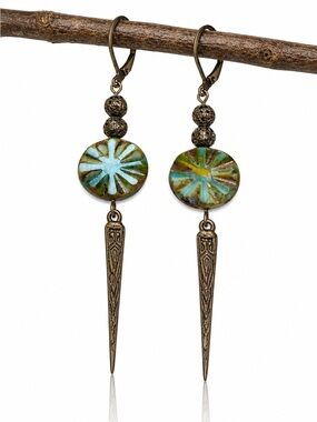 Czech Glass Boho Earrings, Antique Bronze Spike Dangle, Turquoise
MTO
